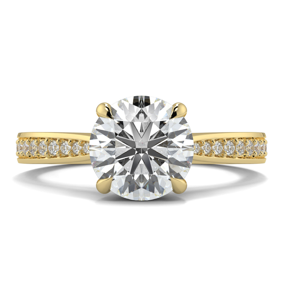 Gold ring with a large diamond and smaller diamonds on the band against a white background Yb jewellers engagement ring straight band