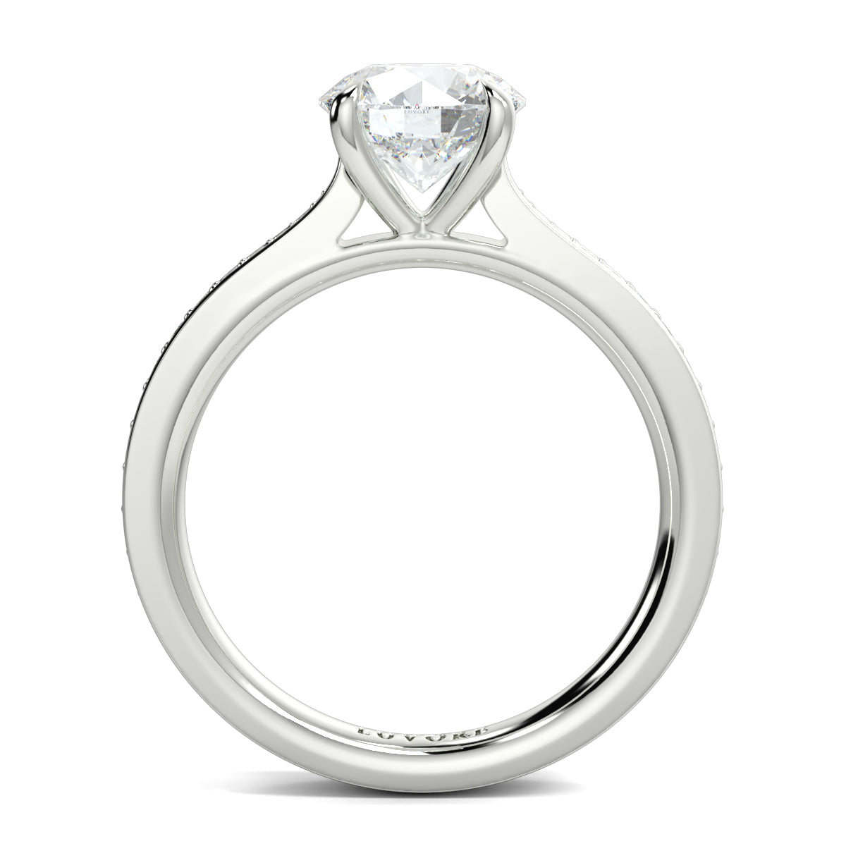 Diamond ring with a clear gemstone on a white background Yb jewellers engagement ring straight band