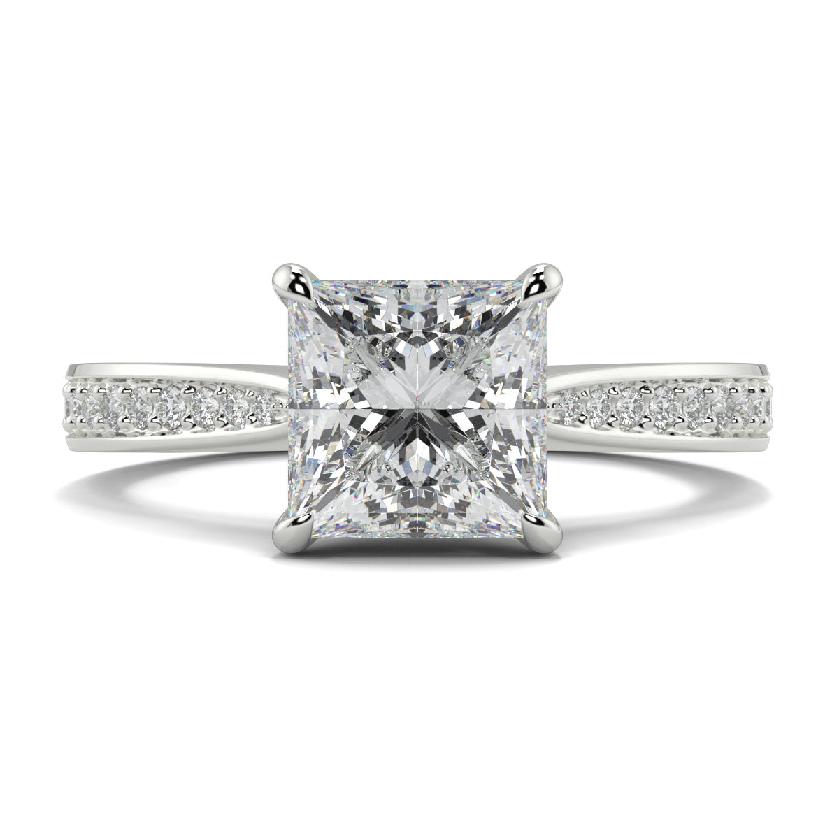 Diamond ring with a princess-cut center stone on a white background Yb jewellers engagement ring straight band princess cut diamond