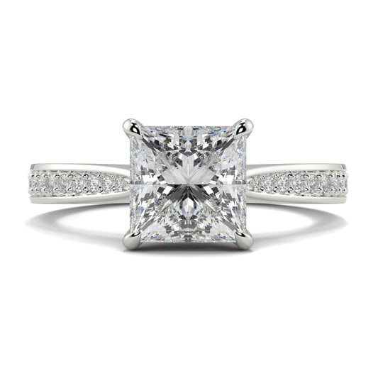 Diamond ring with a princess-cut center stone on a white background Yb jewellers engagement ring straight band princess cut diamond