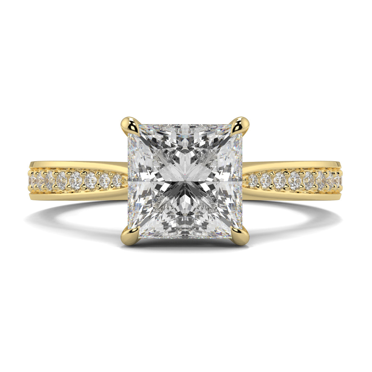 Gold ring with a large diamond and smaller diamonds on the band against a white background Yb jewellers engagement ring straight band princess cut diamond