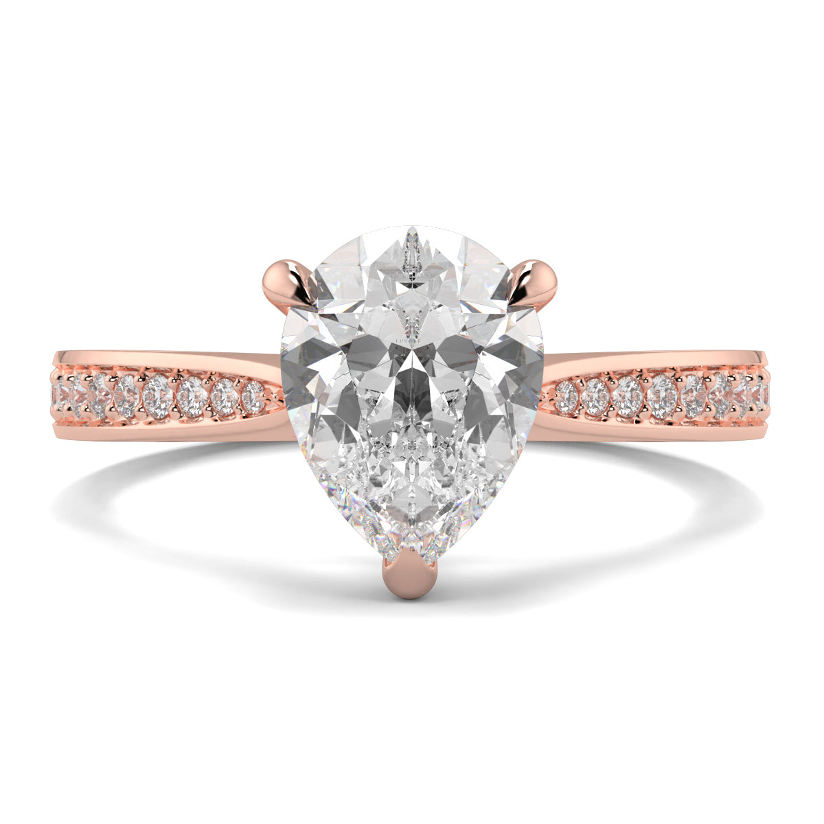 Rose gold ring with a pear-shaped diamond and smaller diamonds on a white background Yb jewellers engagement ring straight band