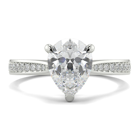 Diamond ring with pear-shaped center stone on a white background Yb jewellers engagement ring straight band