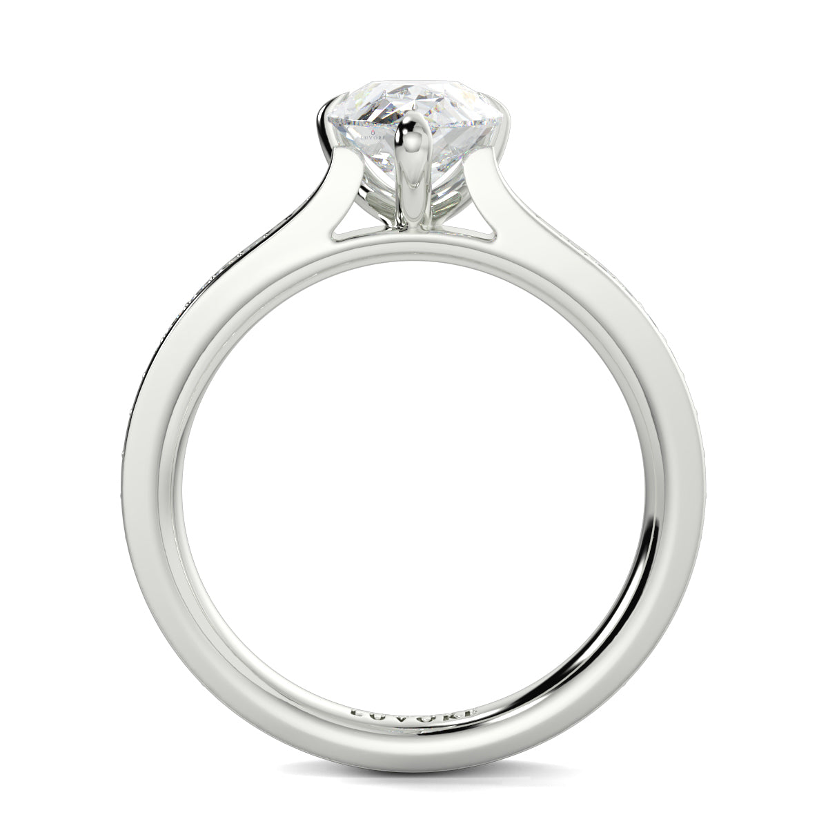 Diamond ring with 'LOVE' engraving on a white background Yb jewellers engagement ring straight band