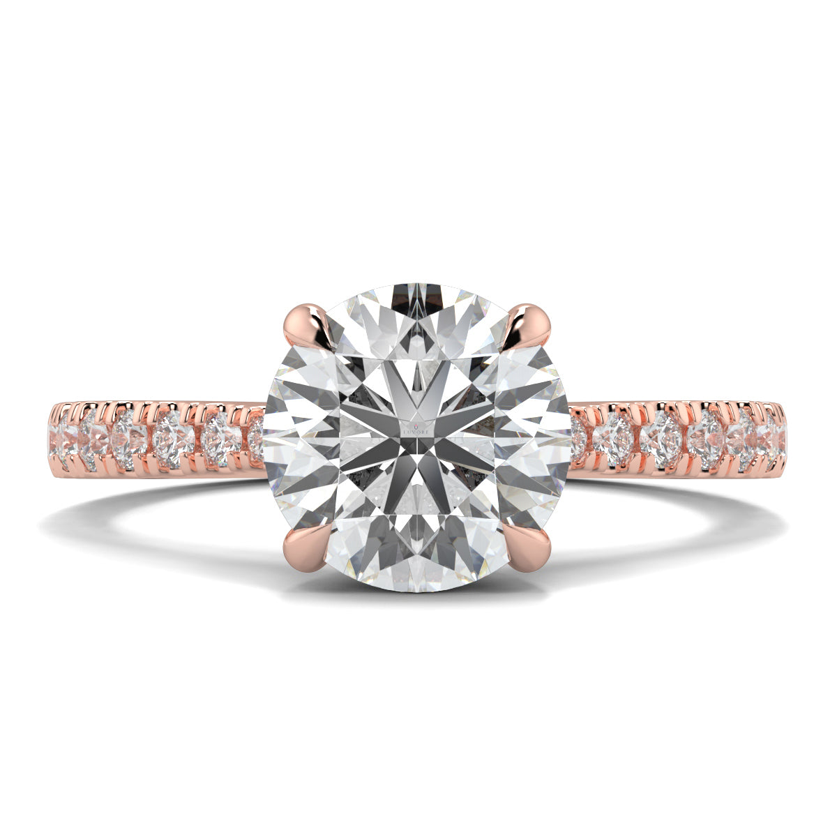 Rose gold ring with a large diamond and smaller diamonds on a white background Yb jewellers engagement ring straight band