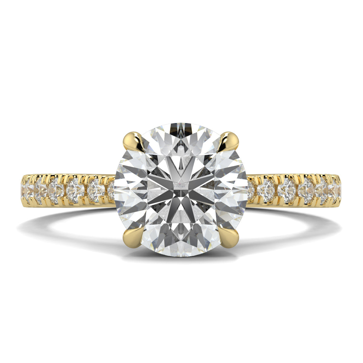 Gold ring with a large diamond and smaller diamonds on the band against a white background Yb jewellers engagement ring straight band
