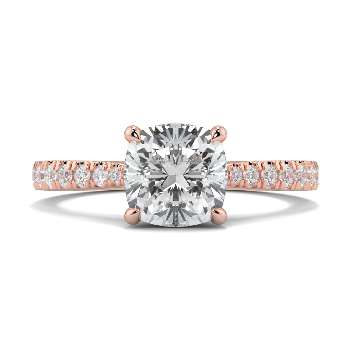 Rose gold ring with a large diamond and smaller diamonds on the band against a white background Yb jewellers engagement ring straight band