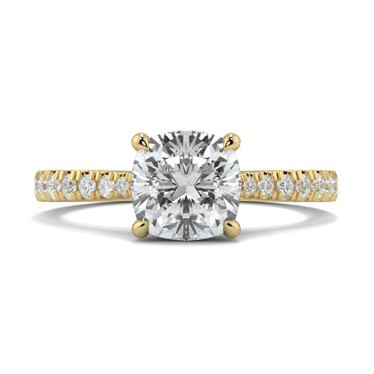 Gold ring with a large diamond and smaller diamonds on the band against a white background Yb jewellers engagement ring straight band