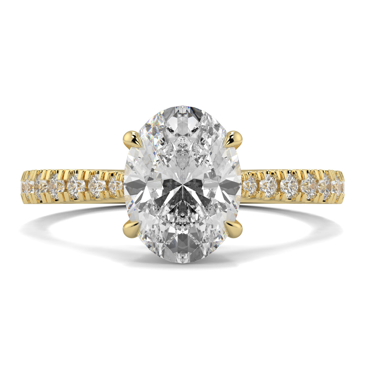 Gold ring with a large diamond and smaller diamonds on the band against a white background Yb jewellers engagement ring straight band