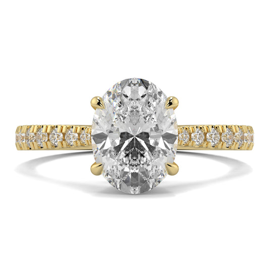 Gold ring with a large diamond and smaller diamonds on the band against a white background Yb jewellers engagement ring straight band
