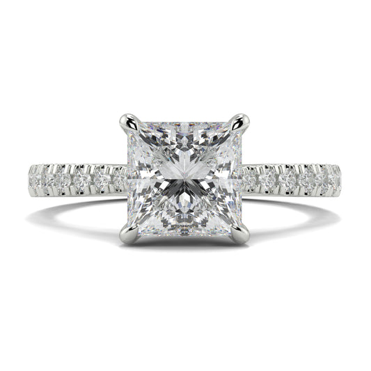 Diamond ring with a princess-cut diamond on a white background Yb jewellers engagement ring straight band