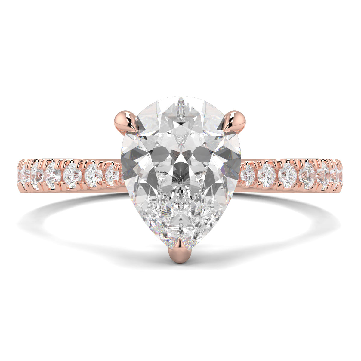 Rose gold ring with a pear-shaped diamond and smaller diamonds on the band against a white background Yb jewellers engagement ring straight band pear diamond