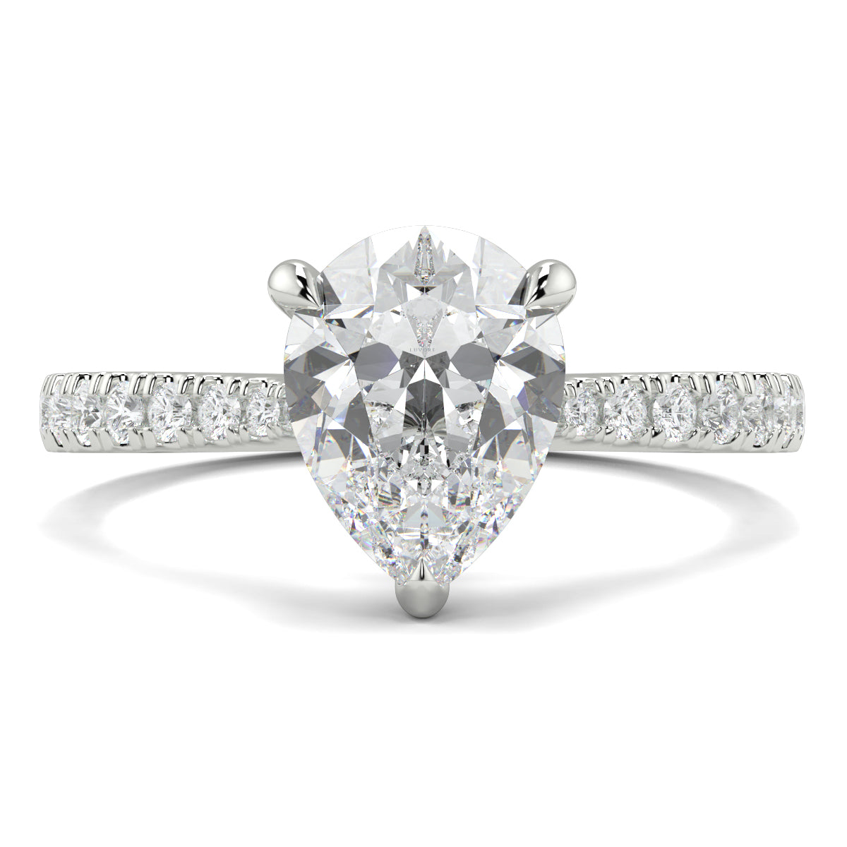 Diamond ring with a pear-shaped center stone on a white background Yb jewellers engagement ring straight band pear diamond