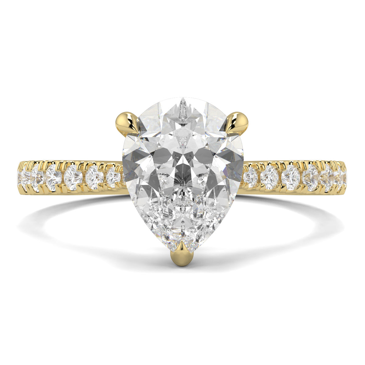 Gold ring with a pear-shaped diamond and smaller diamonds on the band against a white background Yb jewellers engagement ring straight band pear diamond 