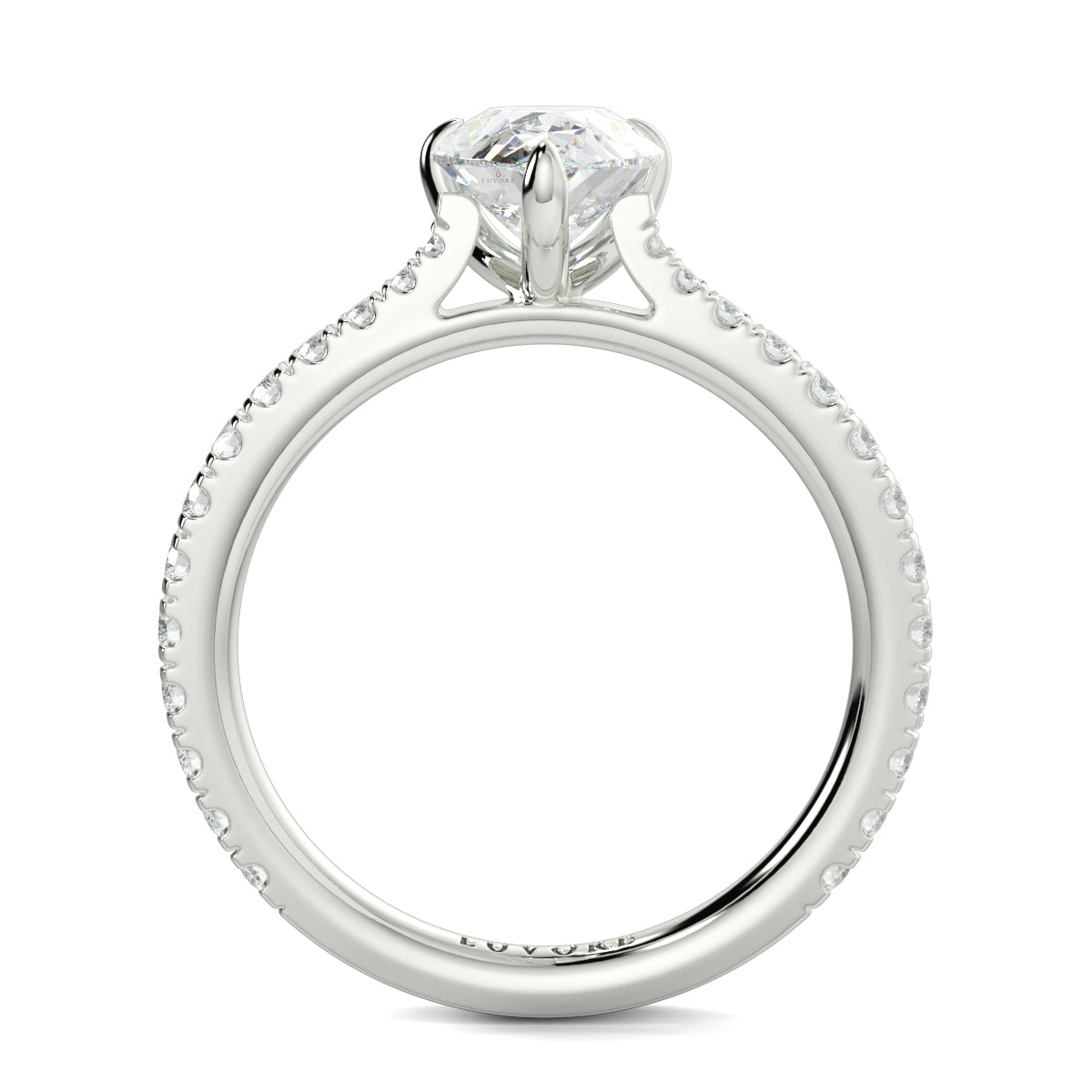Diamond ring with a white gemstone on a white background Yb jewellers engagement ring straight band pear diamond