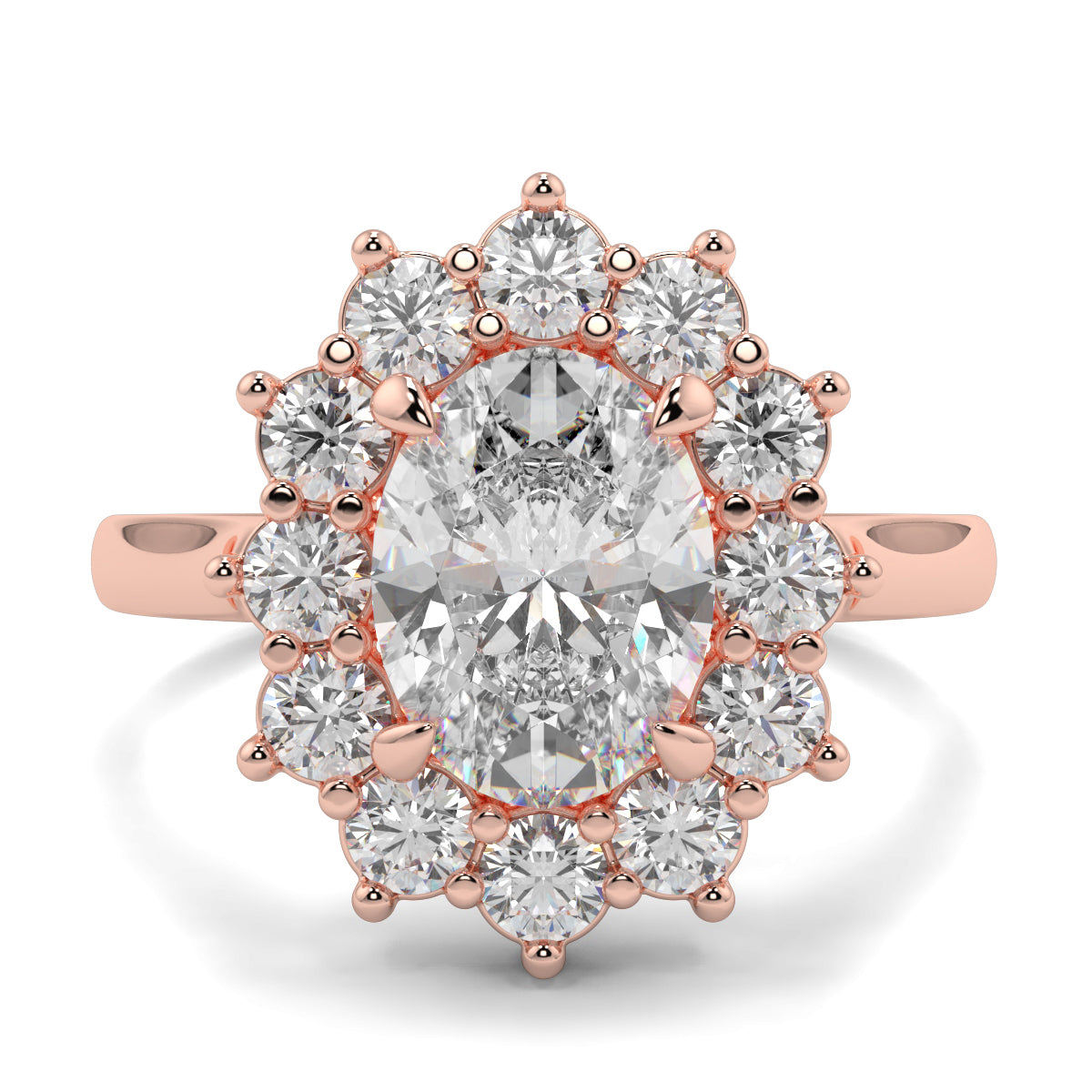 Rose gold ring with a large central diamond and smaller diamonds around on a white background,m Yb jewellers engagement ring with a cluster halo and oval diamond trending design 
