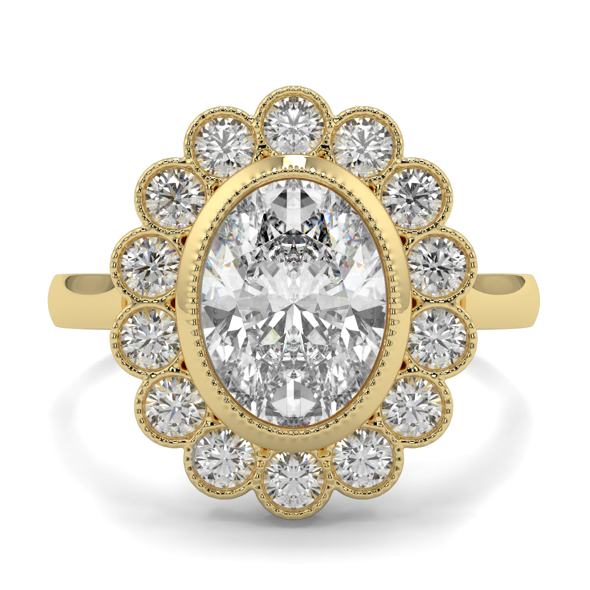 Gold ring with a large central diamond and smaller diamonds around on a white background yb jewellers cluster halo ring engagement ring grain set halo oval shape plain band