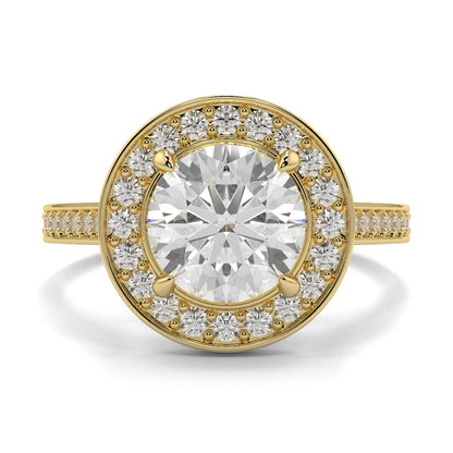 Gold ring with a large central diamond and smaller diamonds around on a white background engagement ring Yb jewellers trending design