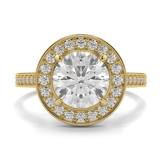 Gold ring with a large central diamond and smaller diamonds around on a white background engagement ring Yb jewellers trending design