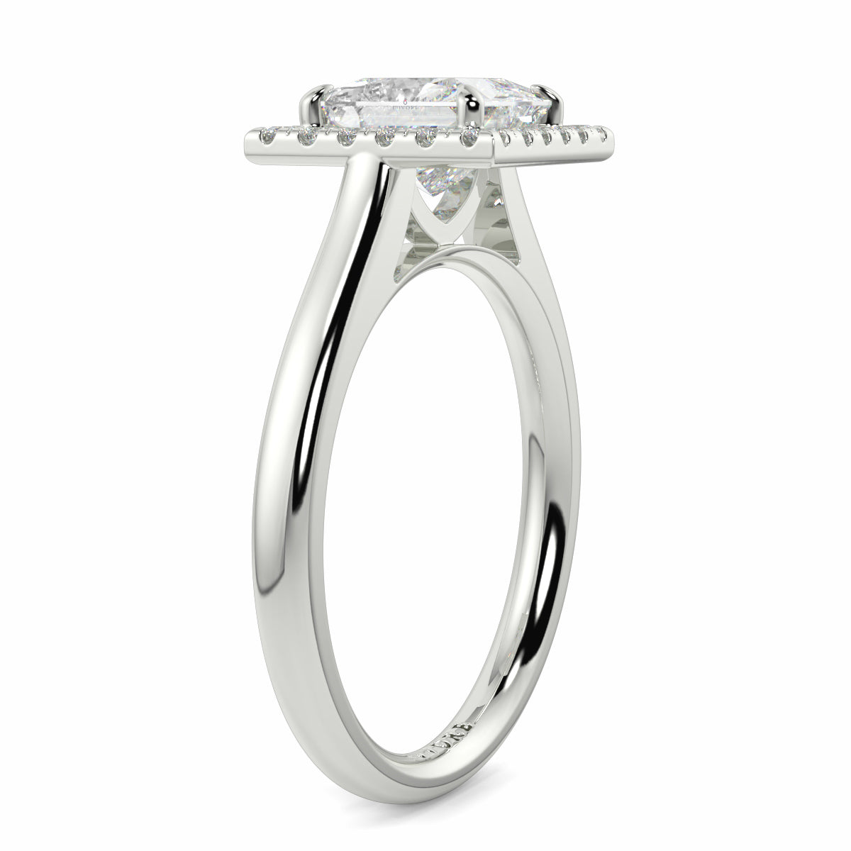 Silver ring with a diamond on a white background Yb jewellers princess cut diamond halo plain shoulders 