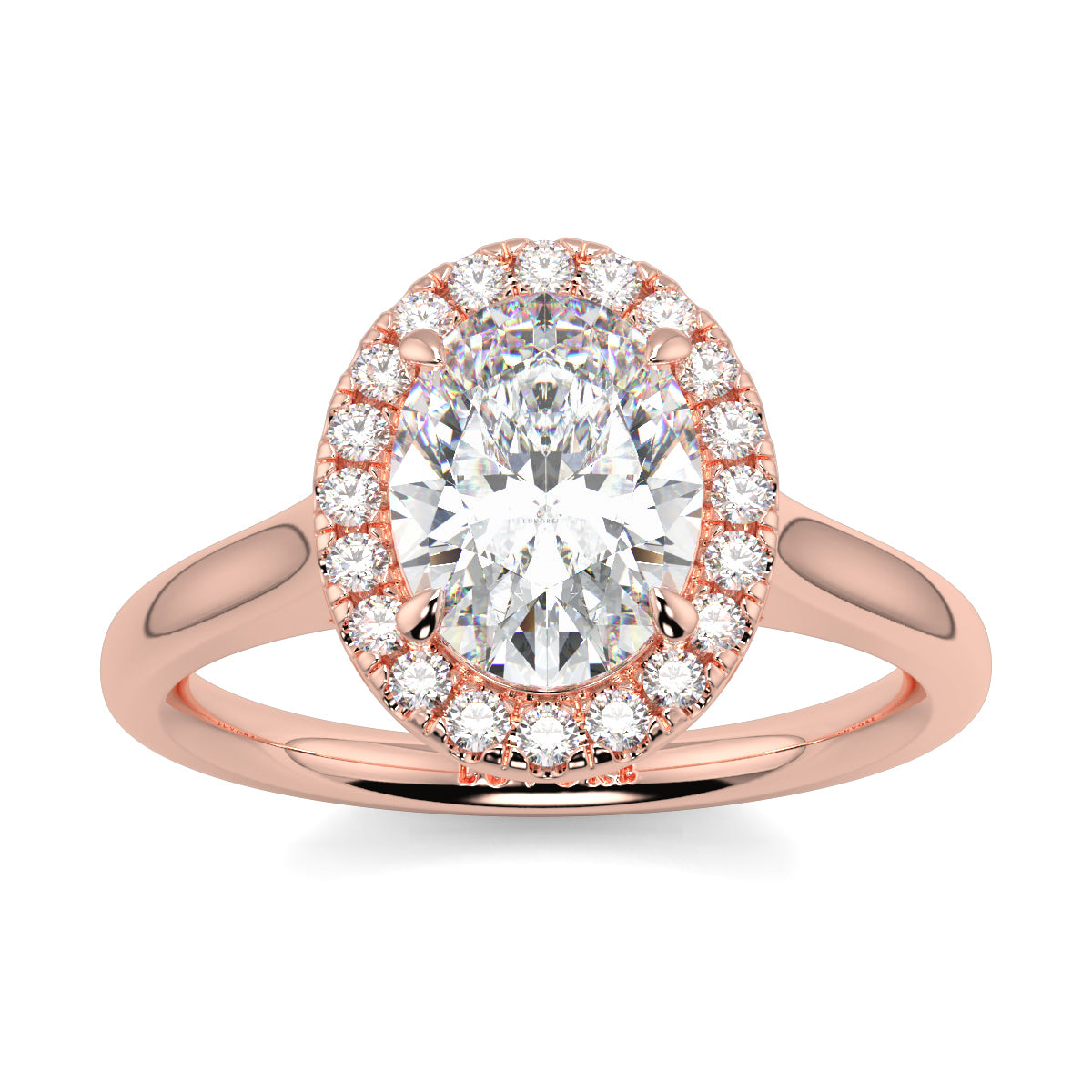 Rose gold ring with a large central diamond and smaller diamonds around on a white background yb jewellers iamond halo with plain shoulder oval shape 