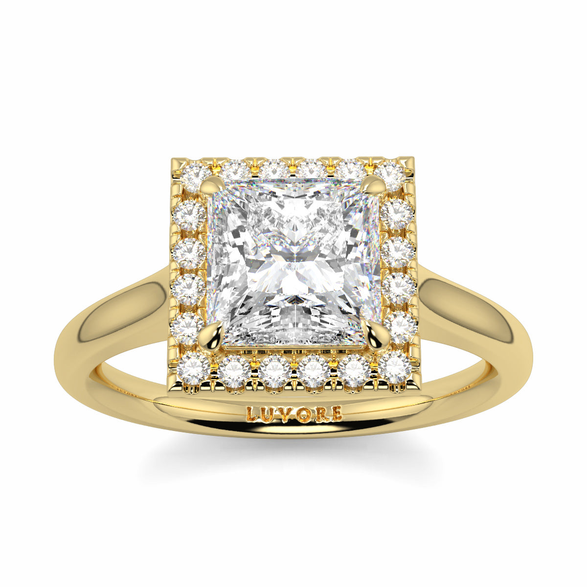 Gold ring with a large diamond and smaller diamonds on a white background Yb jewellers princess cut diamond halo plain shoulders 