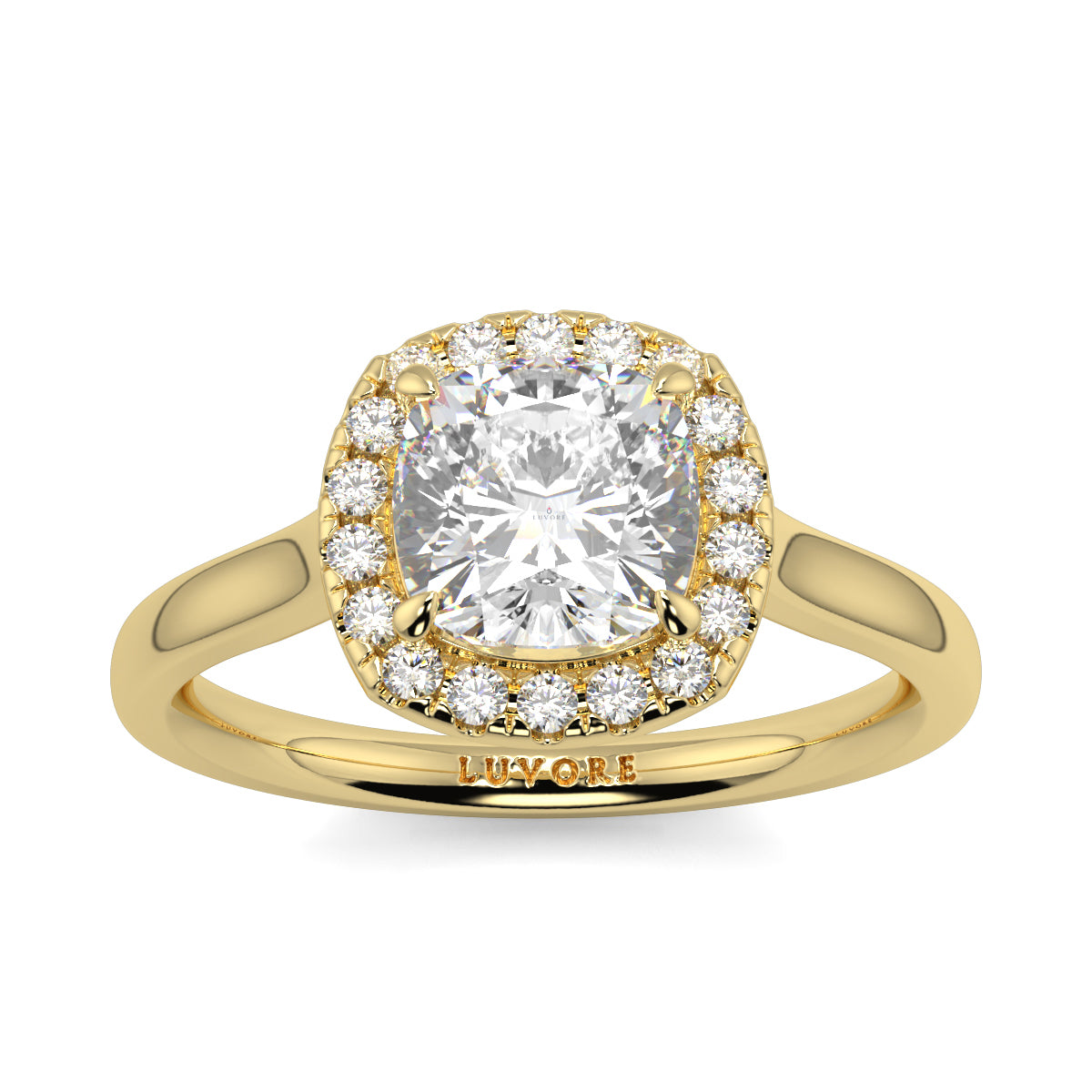 Gold ring with a large diamond and smaller diamonds around on a white background single halo with plain shoulder diamond engagement ring yb jewellers best seller trending ring 