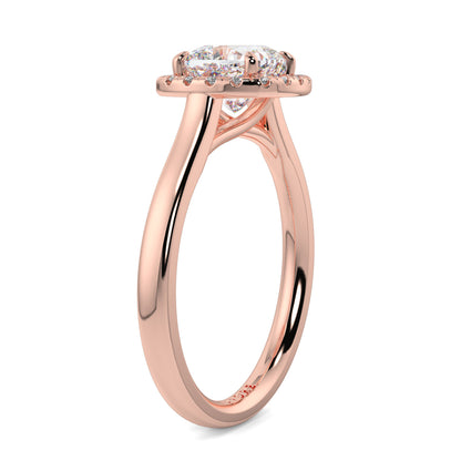 Rose gold ring with a diamond on a white background single halo with plain shoulder diamond engagement ring yb jewellers best seller trending ring 