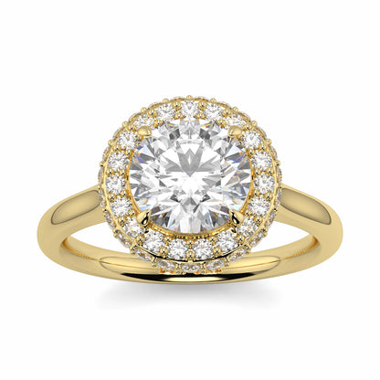 Gold ring with a large diamond and smaller diamonds around on a white background yb jewellers round diamond halo ring with plain shoulders trending bestseller design 