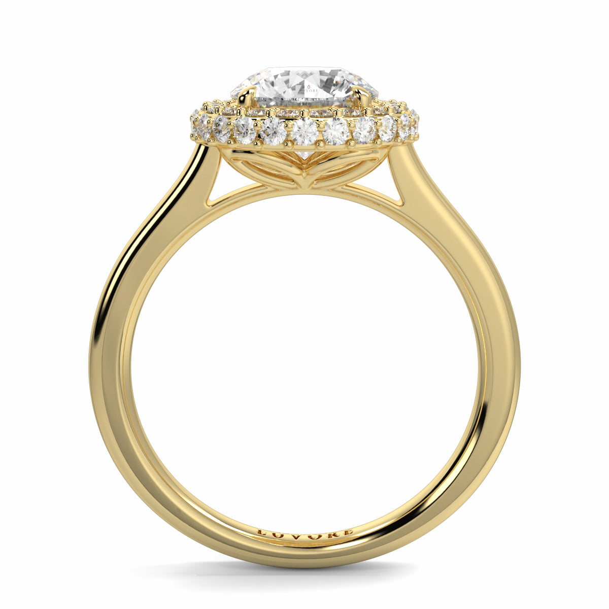 Gold ring with a diamond Halo on a white background yb jewellers round diamond halo ring with plain shoulders trending bestseller design 