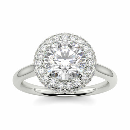 Diamond ring with a halo on a white background yb jewellers round diamond halo ring with plain shoulders trending bestseller design