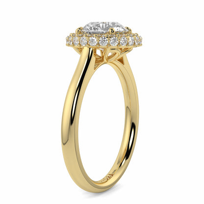Gold ring with a diamond on a white background yb jewellers round diamond halo ring with plain shoulders trending bestseller design
