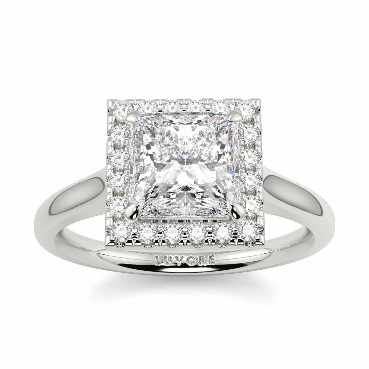 Diamond ring with 'July One' branding on a white background Yb jewellers princess cut diamond halo plain shoulders 