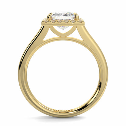 Gold ring with a diamond on a white background Yb jewellers princess cut diamond halo plain shoulders 