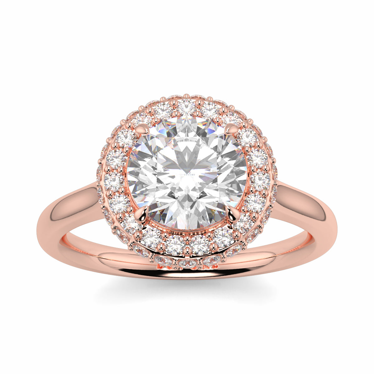 Rose gold ring with a large diamond and smaller diamonds around on a white background yb jewellers round diamond halo ring with plain shoulders trending bestseller design