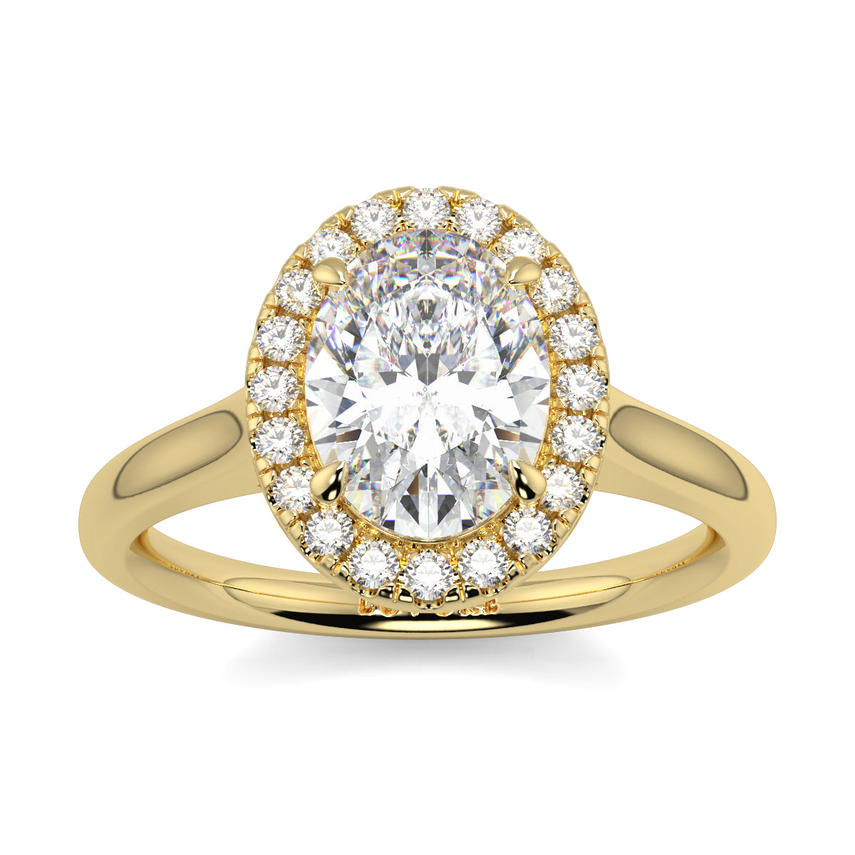 Gold ring with a large central diamond and smaller diamonds around on a white background yb jewellers iamond halo with plain shoulder oval shape 