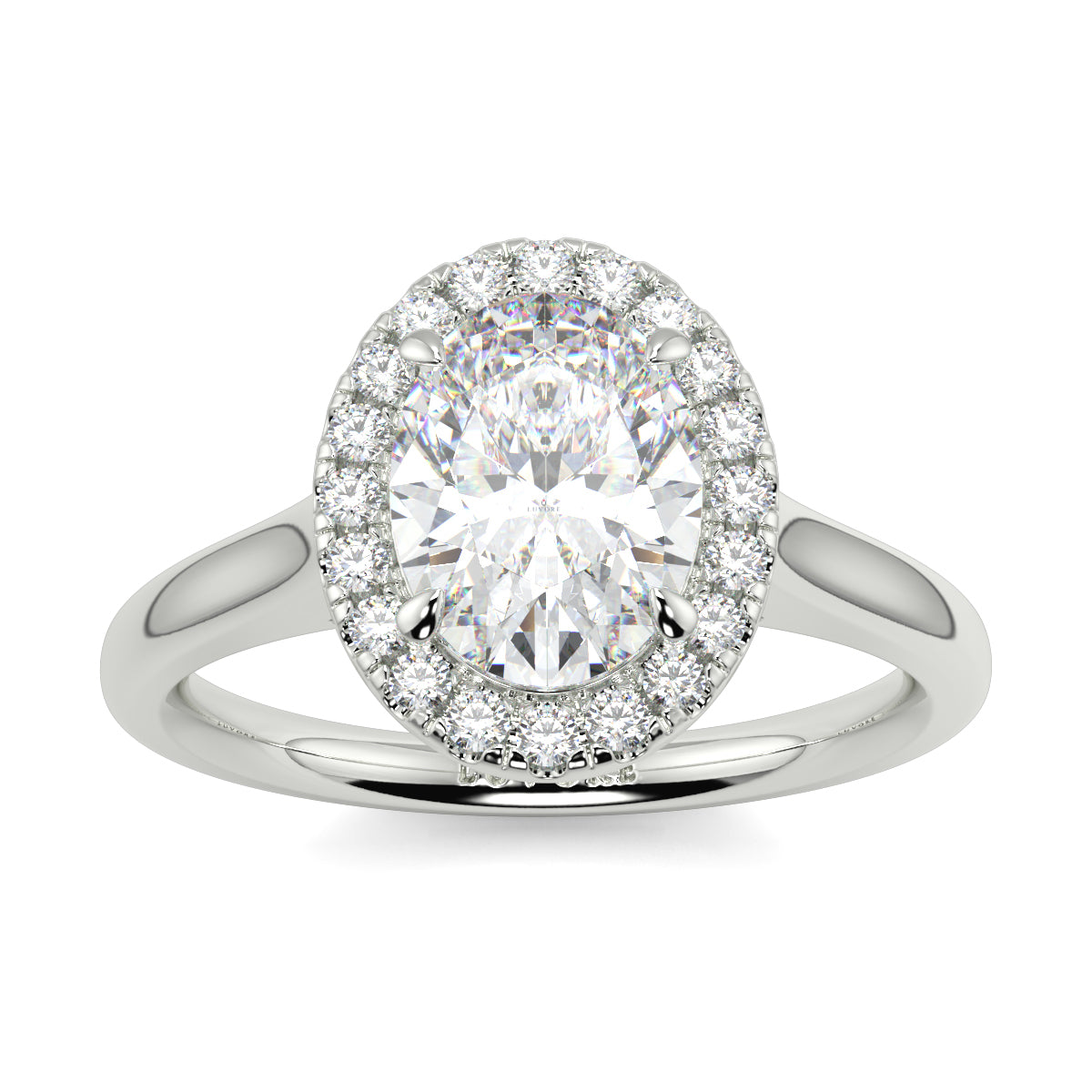 Diamond ring with a halo of smaller diamonds on a white background yb jewellers iamond halo with plain shoulder oval shape 