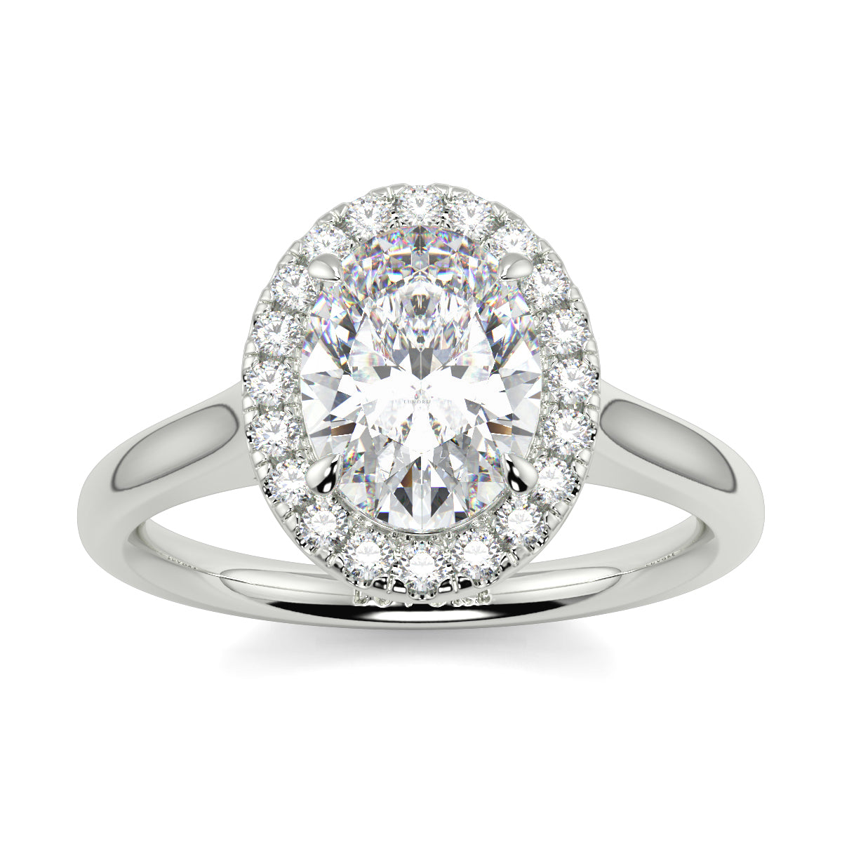 Diamond ring with a halo on a white background yb jewellers diamond halo with plain shoulder oval shape  