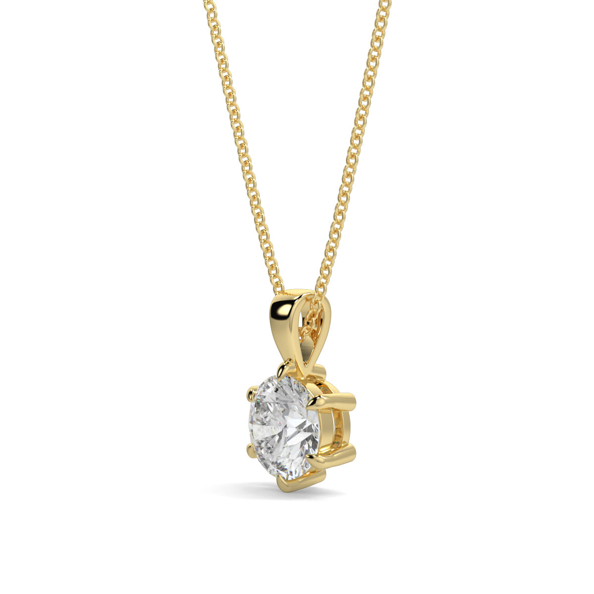 Gold necklace with a diamond pendant on a white background 6 claw diamond pendant 