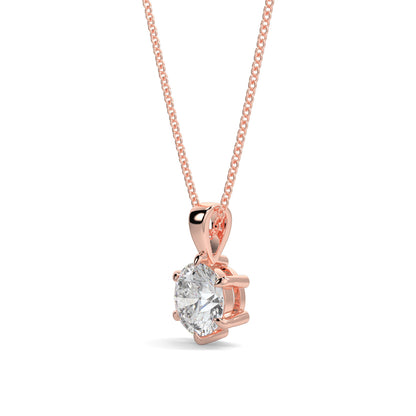 Rose gold necklace with a diamond pendant on a white background 6 claw diamond pendant 
