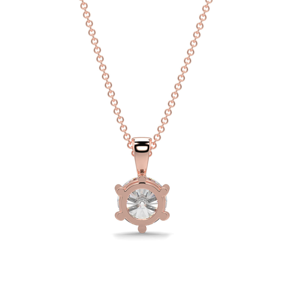 Rose gold necklace with a diamond pendant on a white background 6 claw diamond pendant 