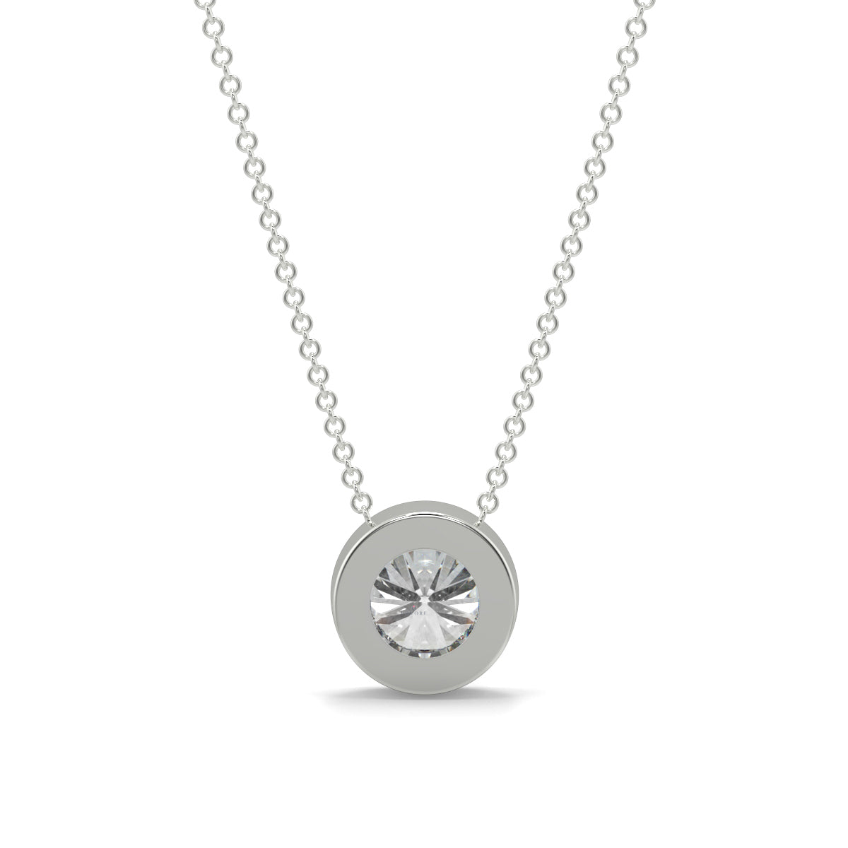 Silver necklace with a round diamond pendant on a white background yb jewellers diamond rubover pendant bezel setting best selling design 2026