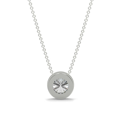 Silver necklace with a round diamond pendant on a white background yb jewellers diamond rubover pendant bezel setting best selling design 2026