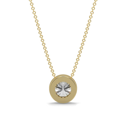 Gold necklace with a round diamond pendant on a white background yb jewellers diamond rubover pendant bezel setting best selling design 2026