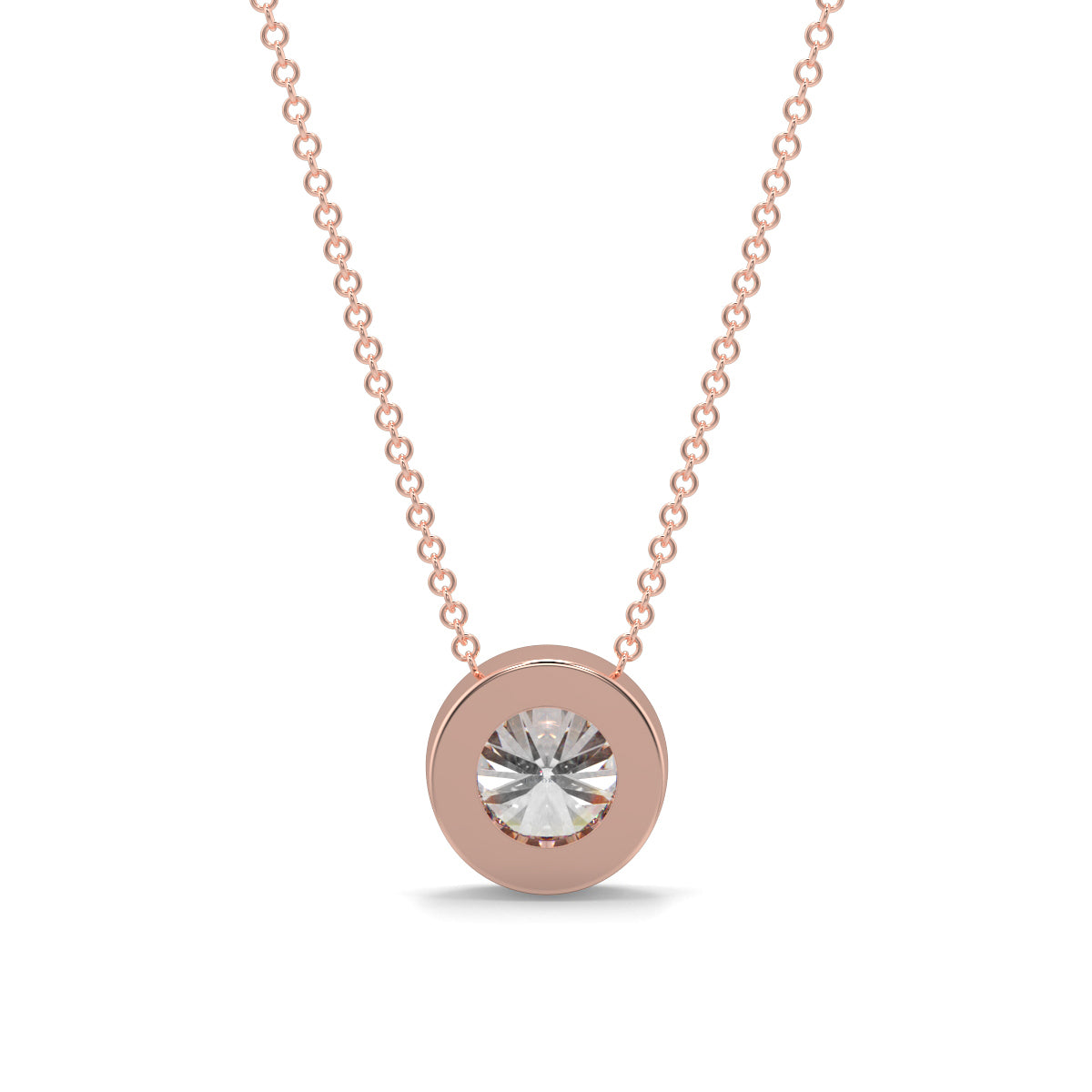 Rose gold necklace with a diamond pendant on a white background yb jewellers diamond rubover pendant bezel setting best selling design 2026