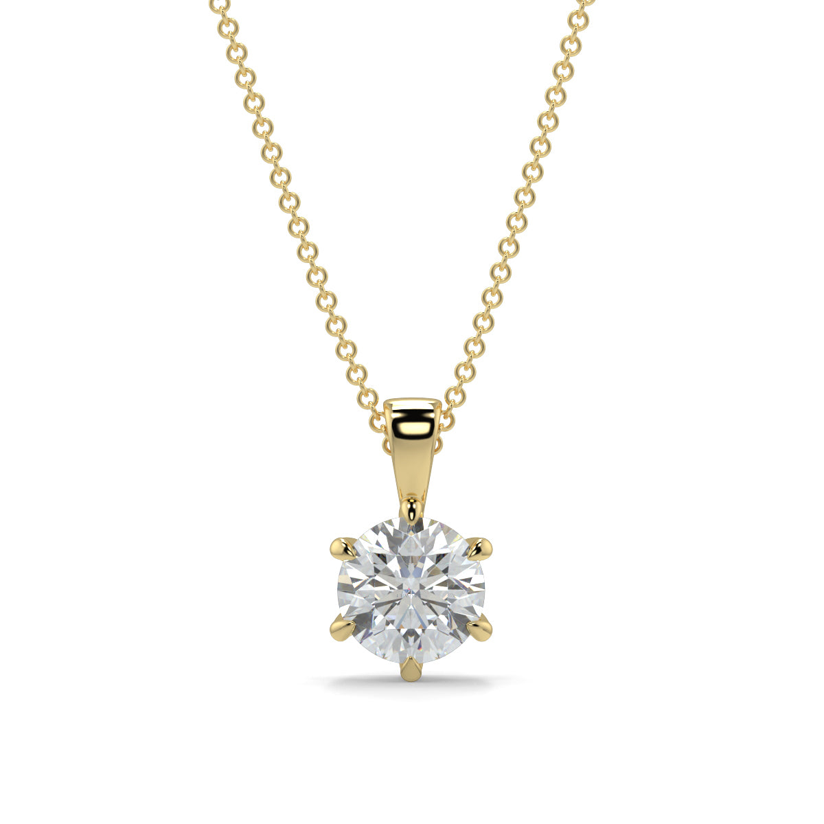 Gold necklace with a diamond pendant on a white background 6 claw diamond pendant 