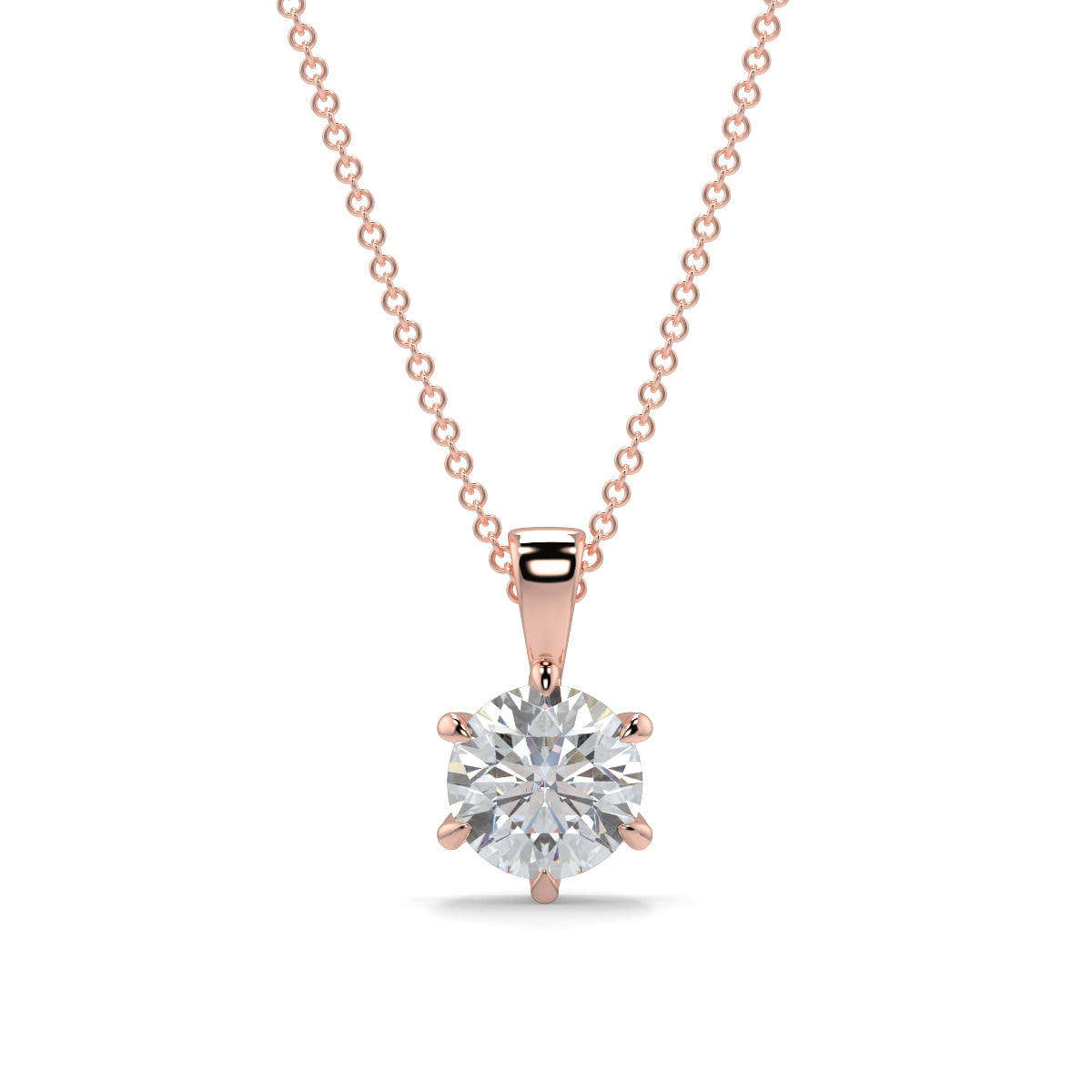 Rose gold necklace with a diamond pendant on a white background 6 claw diamond pendant 