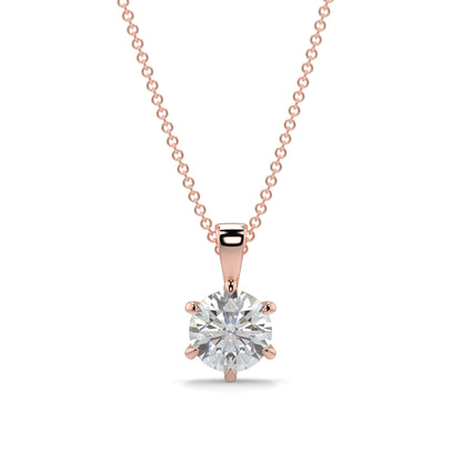 Rose gold necklace with a diamond pendant on a white background 6 claw diamond pendant 