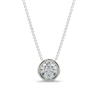 Diamond necklace on a white background yb jewellers diamond rubover pendant bezel setting best selling design 2026