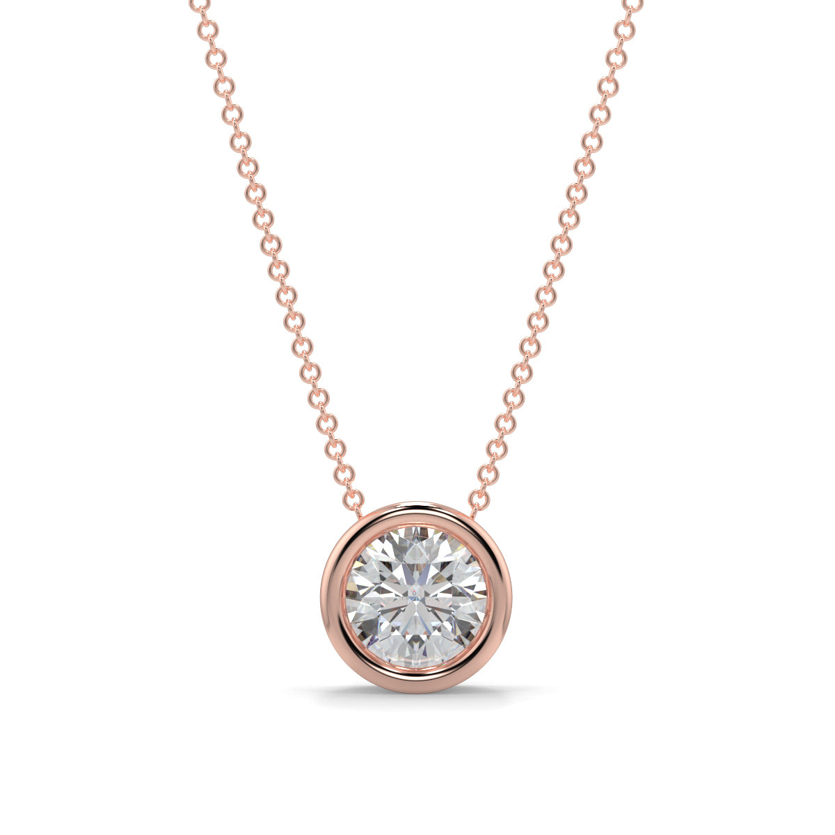 Rose gold necklace with a diamond pendant on a white background yb jewellers diamond rubover pendant bezel setting best selling design 2026